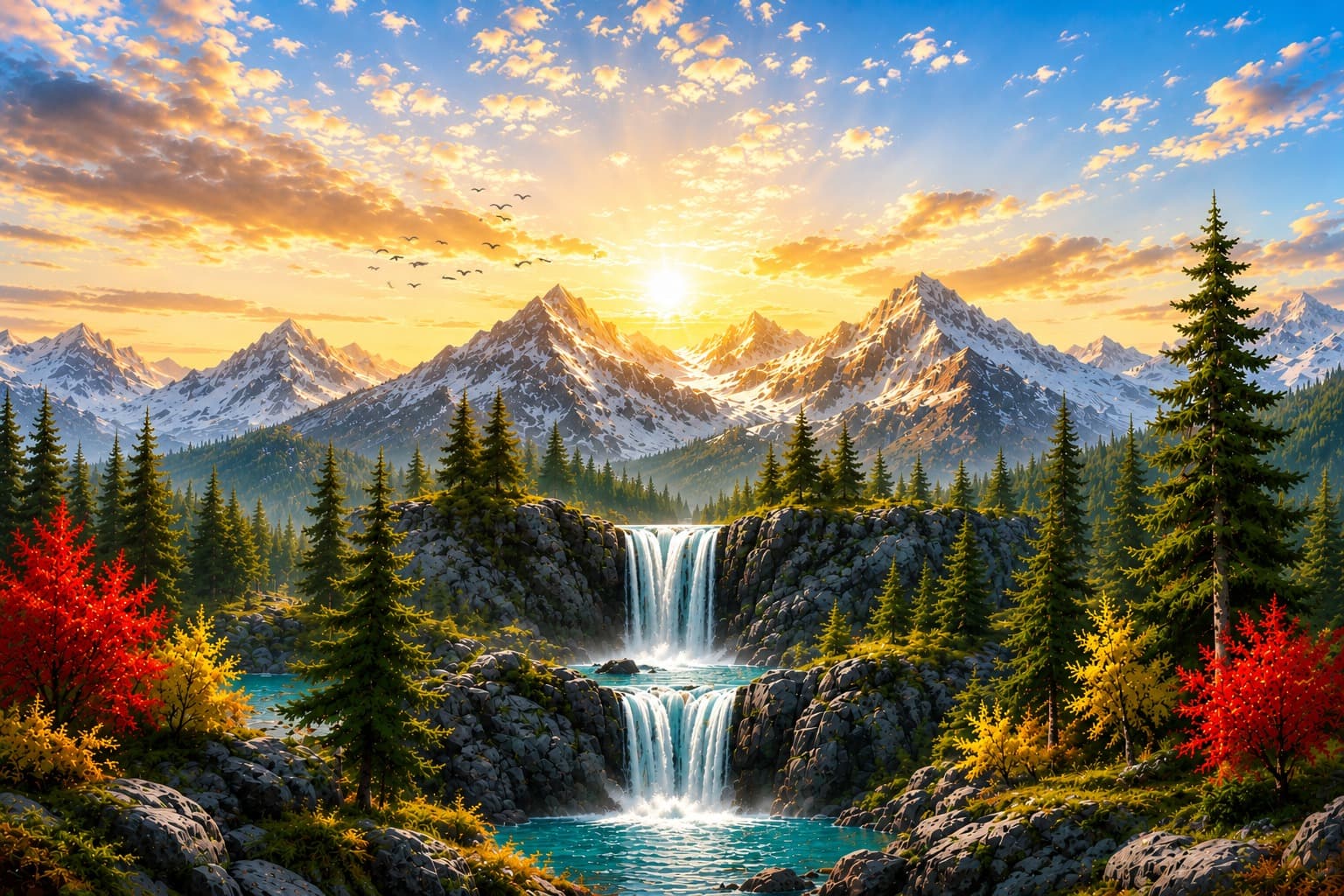 Sunrise over a mountain waterfall